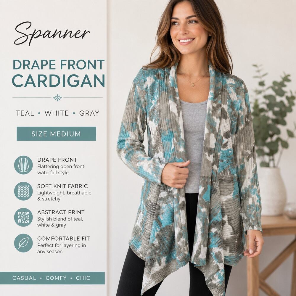 Spanner Womens Cardigan Sweater Medium Teal Gray White Abstract Drape Knit